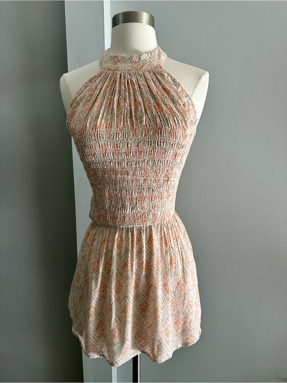 Doe & Rae Peach and Cream Smocked Halter Mini Dress